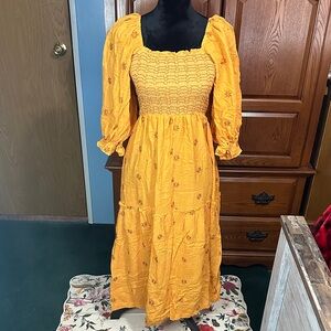 Bohemian Yellow Smocked Long Sleeve Dress